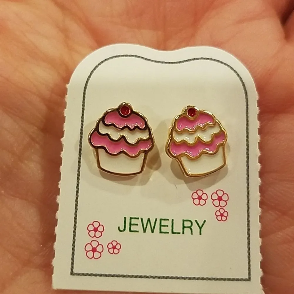 14k gold plated Brass Enamel Pink Cupcake Earring